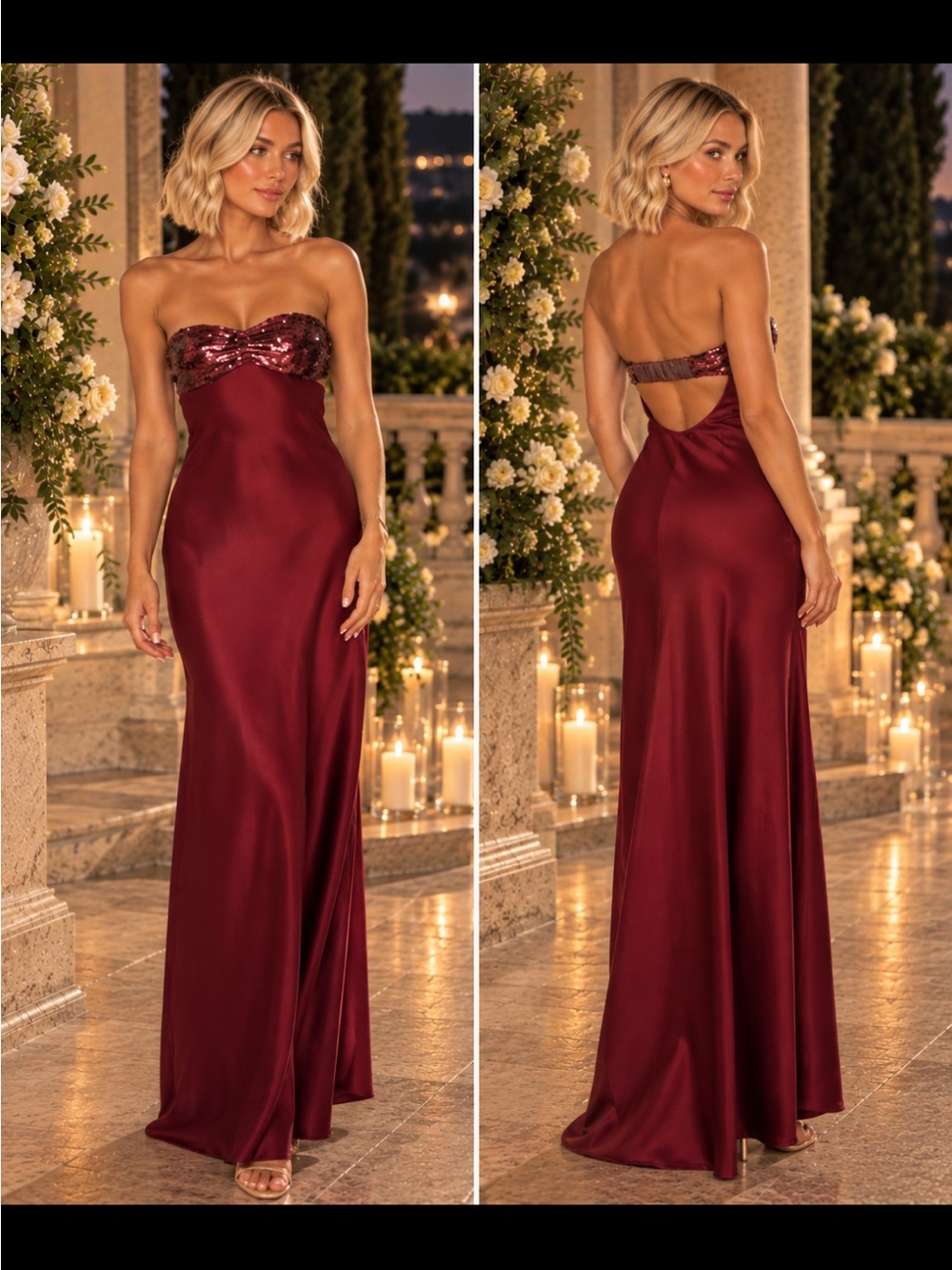 Princess Polly Strapless Burgundy Sequin Satin Gown